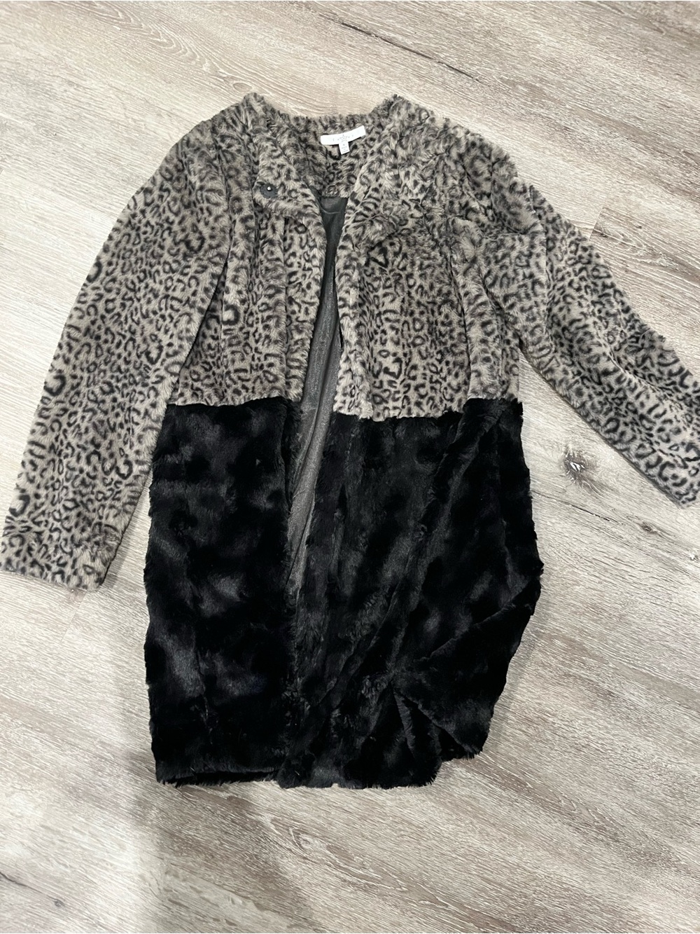 Fever Two-Tone Faux Fur Leopard Trench Coat - Black & Taupe